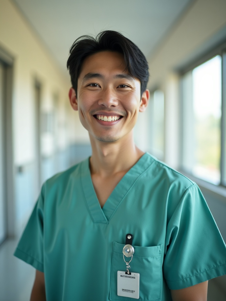 A smiling nurse with side-parted dark hair wearing teal scrubs in a hospital corridor.
