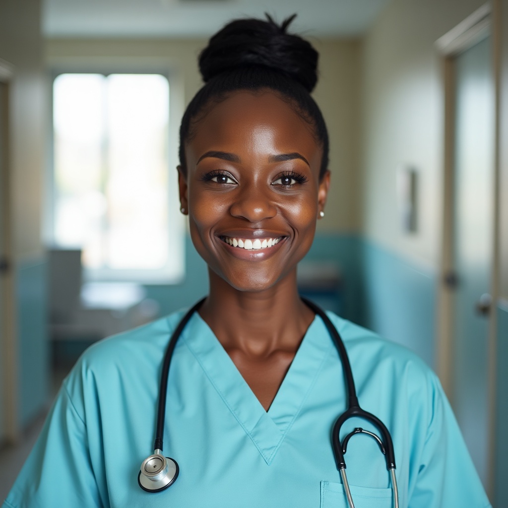 A smiling nurse with a braided bun wearing teal scrubs in a hospital corridor.