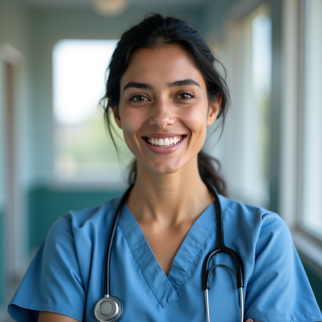 A smiling nurse with a dark ponytail wearing blue scrubs in a hospital corridor.