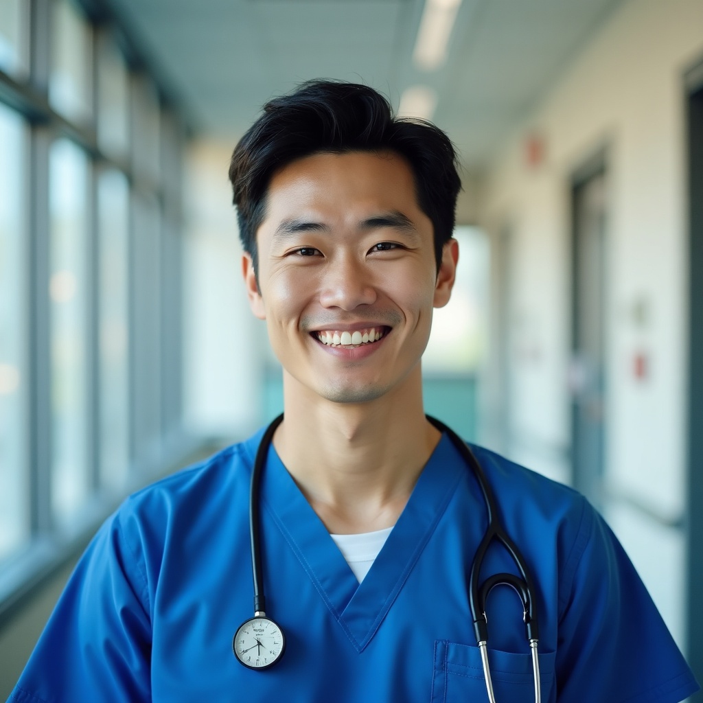 A smiling nurse with short dark hair wearing blue scrubs in a hospital corridor.