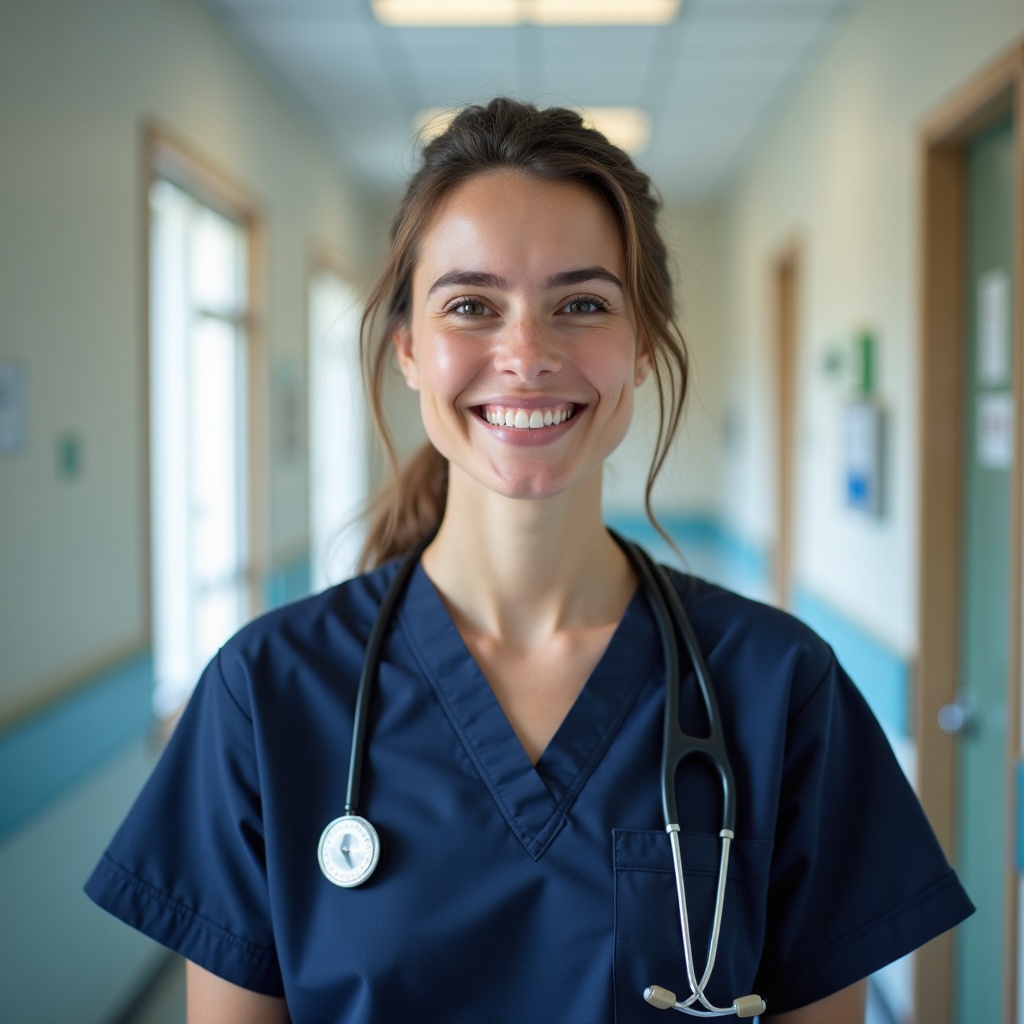 A smiling nurse with her hair tied up wearing navy scrubs in a hospital corridor.
