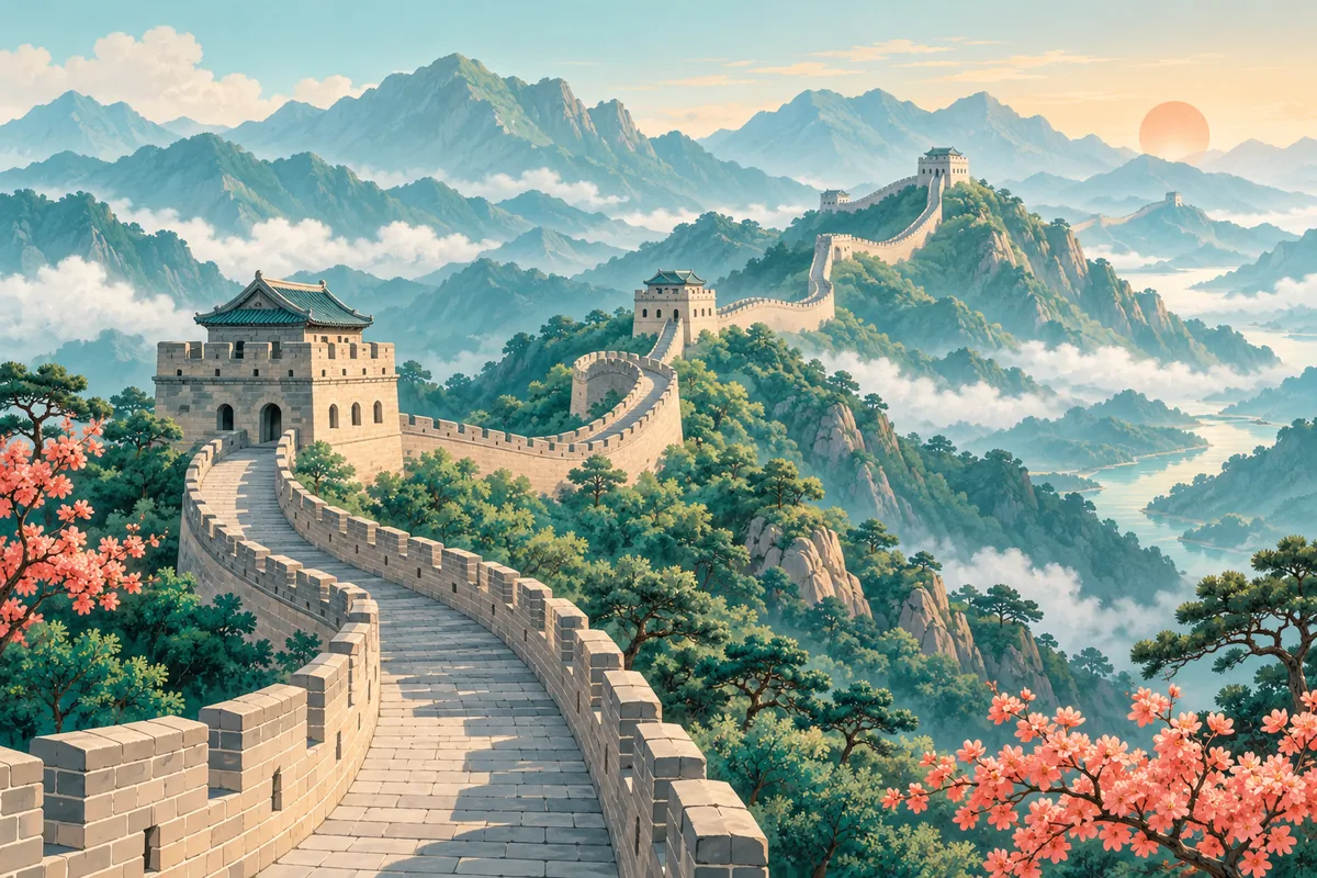 Symbolic illustration of the Great Wall winding across mountain ridges, representing China