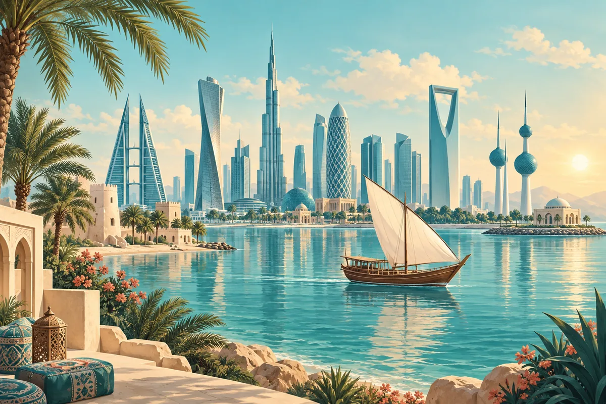 Symbolic illustration of Gulf coastal architecture, a dhow, palms and a modern skyline, representing the six Gulf Cooperation Council member states without a map or flag, representing the GCC region