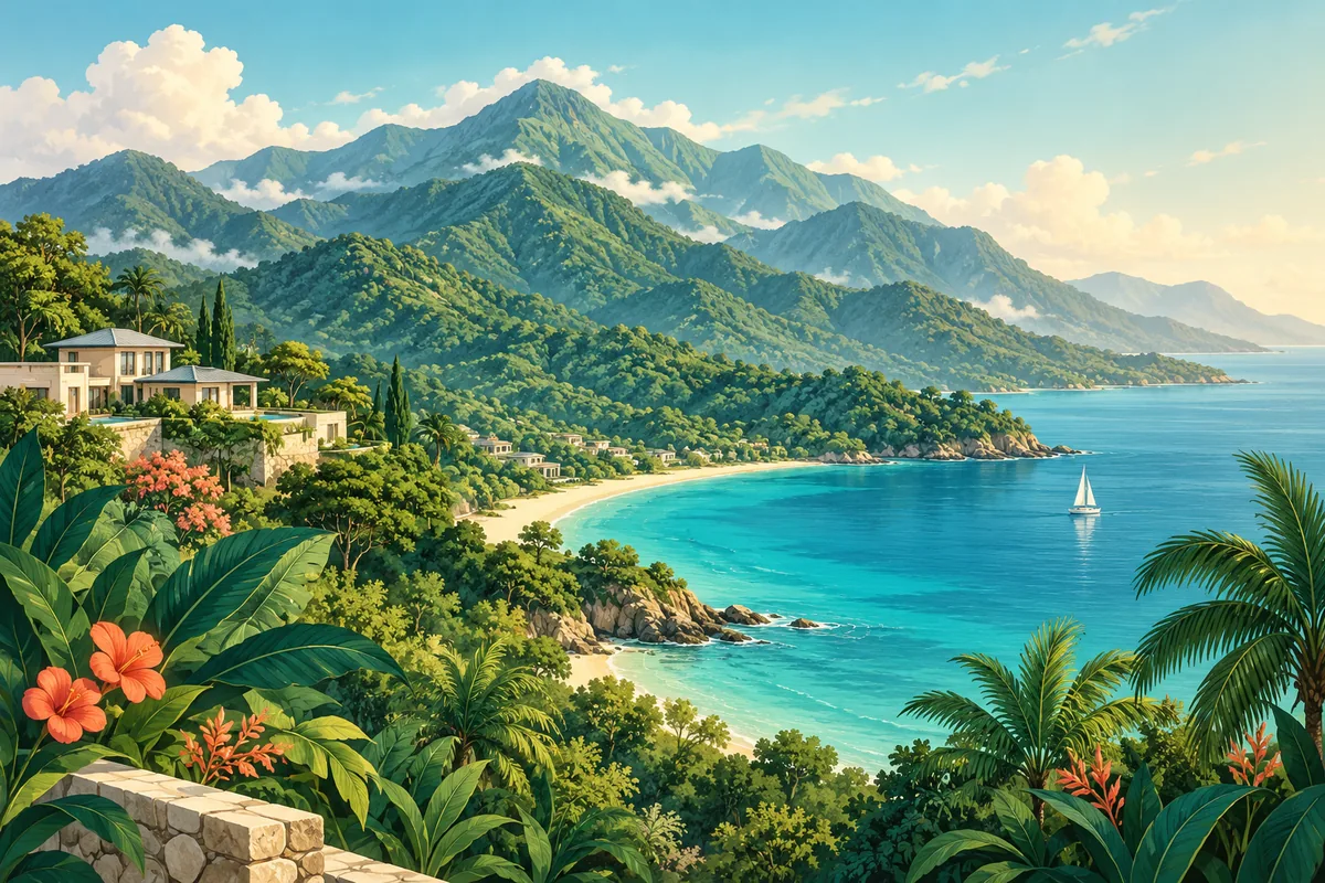 Symbolic illustration of the Blue Mountains, lush greenery and a calm Caribbean bay, representing Jamaica