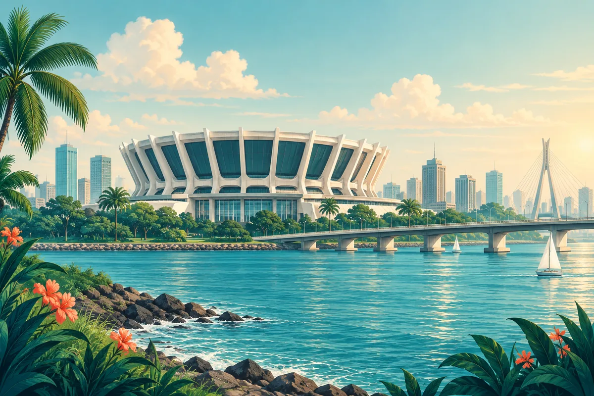Symbolic illustration of Lagos's distinctive National Theatre and a coastal city setting, representing Nigeria