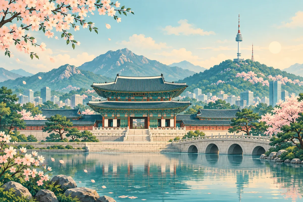 Symbolic illustration of Seoul's Gyeongbokgung palace rooflines and N Seoul Tower, representing South Korea