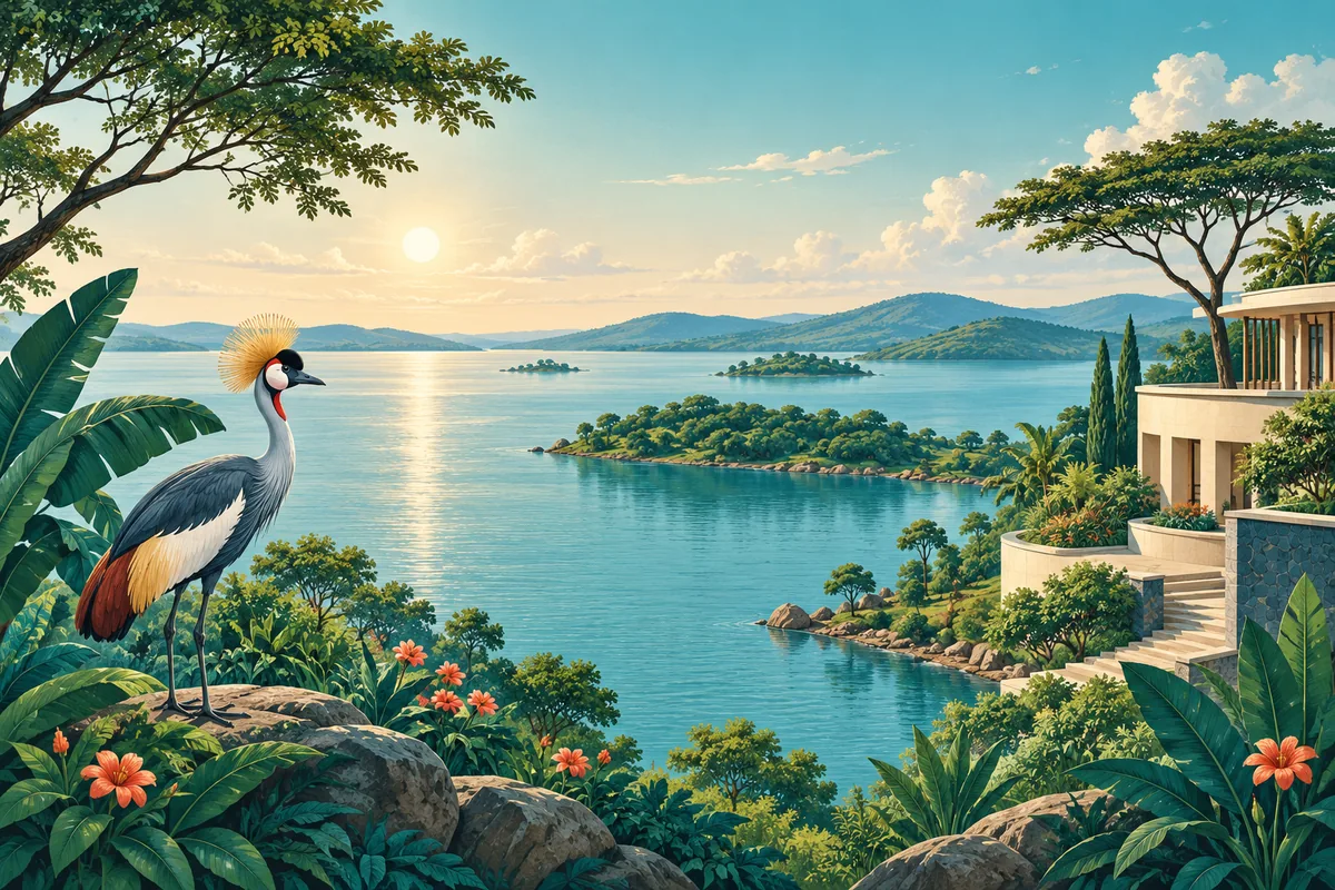 Symbolic illustration of Lake Victoria's shoreline, lush greenery and a small crested crane motif, representing Uganda
