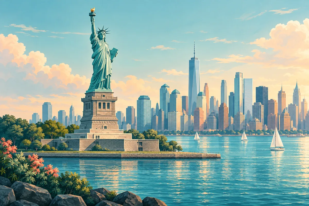 Symbolic illustration of the Statue of Liberty and the New York waterfront skyline, representing the United States