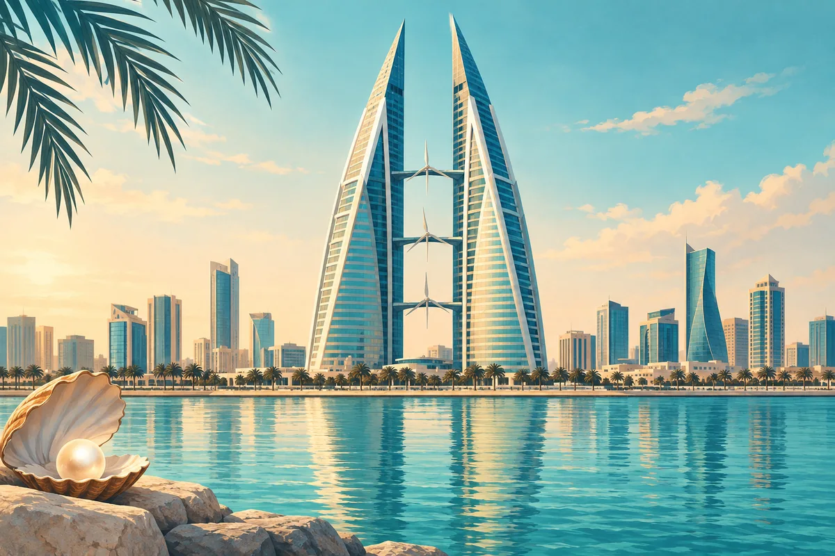 Symbolic illustration of Manama’s Bahrain World Trade Center and pearling waterfront