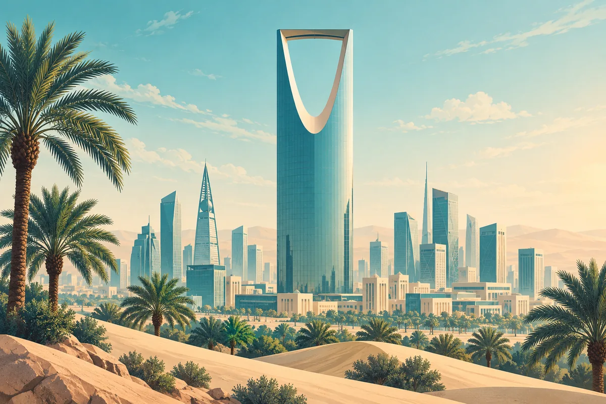 Symbolic illustration of Riyadh’s Kingdom Centre with palms and desert tones