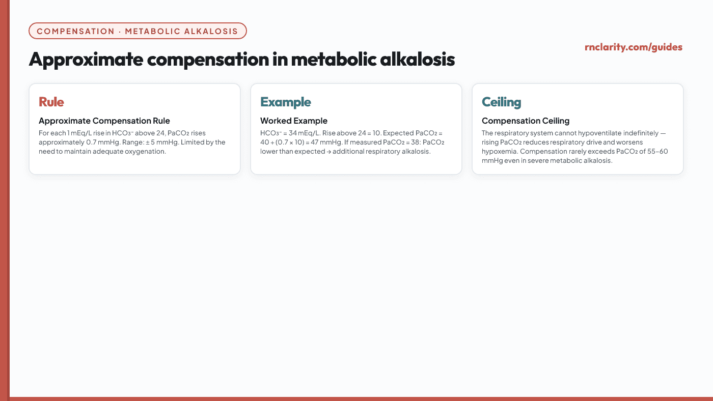 Animated card showing metabolic alkalosis compensation: for each 1 mEq/L rise in HCO3- above 24, PaCO2 rises approximately 0.7 mmHg (range +/-5). Example: HCO3- 34, expected PaCO2 = 40 + 0.7 x 10 = 47 mmHg.