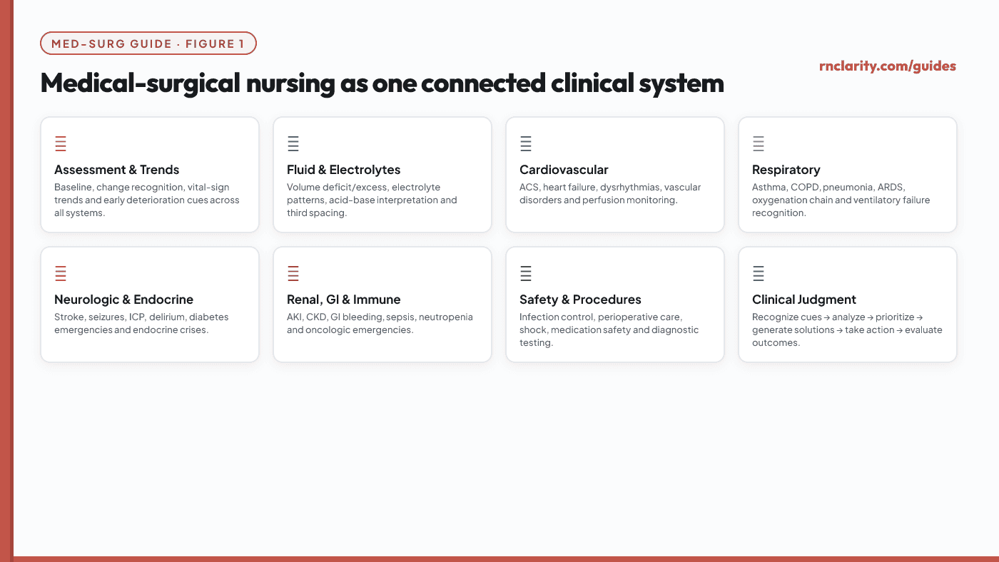 Animated diagram of medical-surgical nursing as one connected clinical system — eight body systems linked by assessment, pathophysiology, medications, safety and clinical judgment.