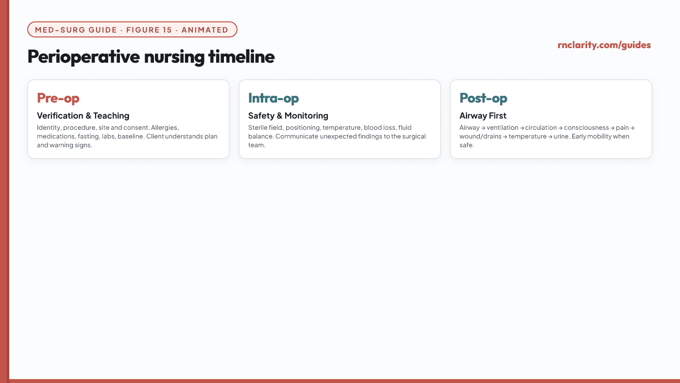 Animated perioperative nursing timeline — pre-operative verification and teaching, intraoperative safety, and post-operative airway, circulation and complication monitoring steps.
