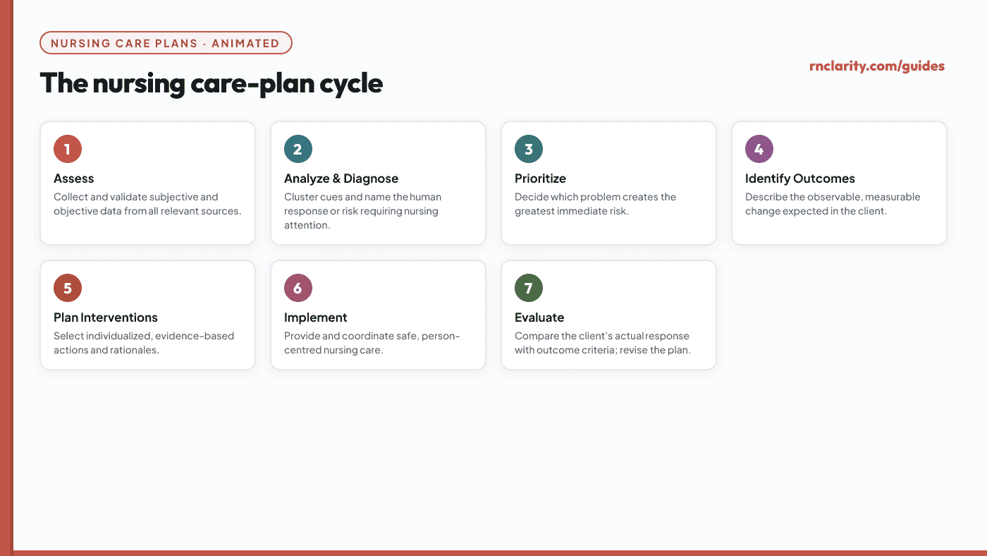 Animated nursing care-plan cycle showing the seven steps: assess, analyze and diagnose, prioritize, identify outcomes, plan interventions, implement, and evaluate and revise.