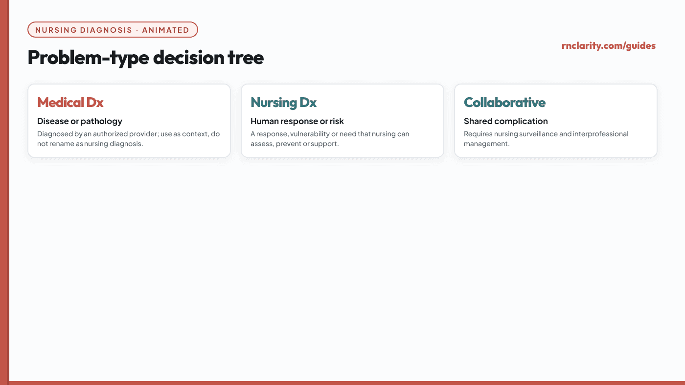Animated problem-type decision tree showing how to classify a clinical problem as a medical diagnosis, nursing diagnosis, or collaborative problem, with branching logic at each decision point.
