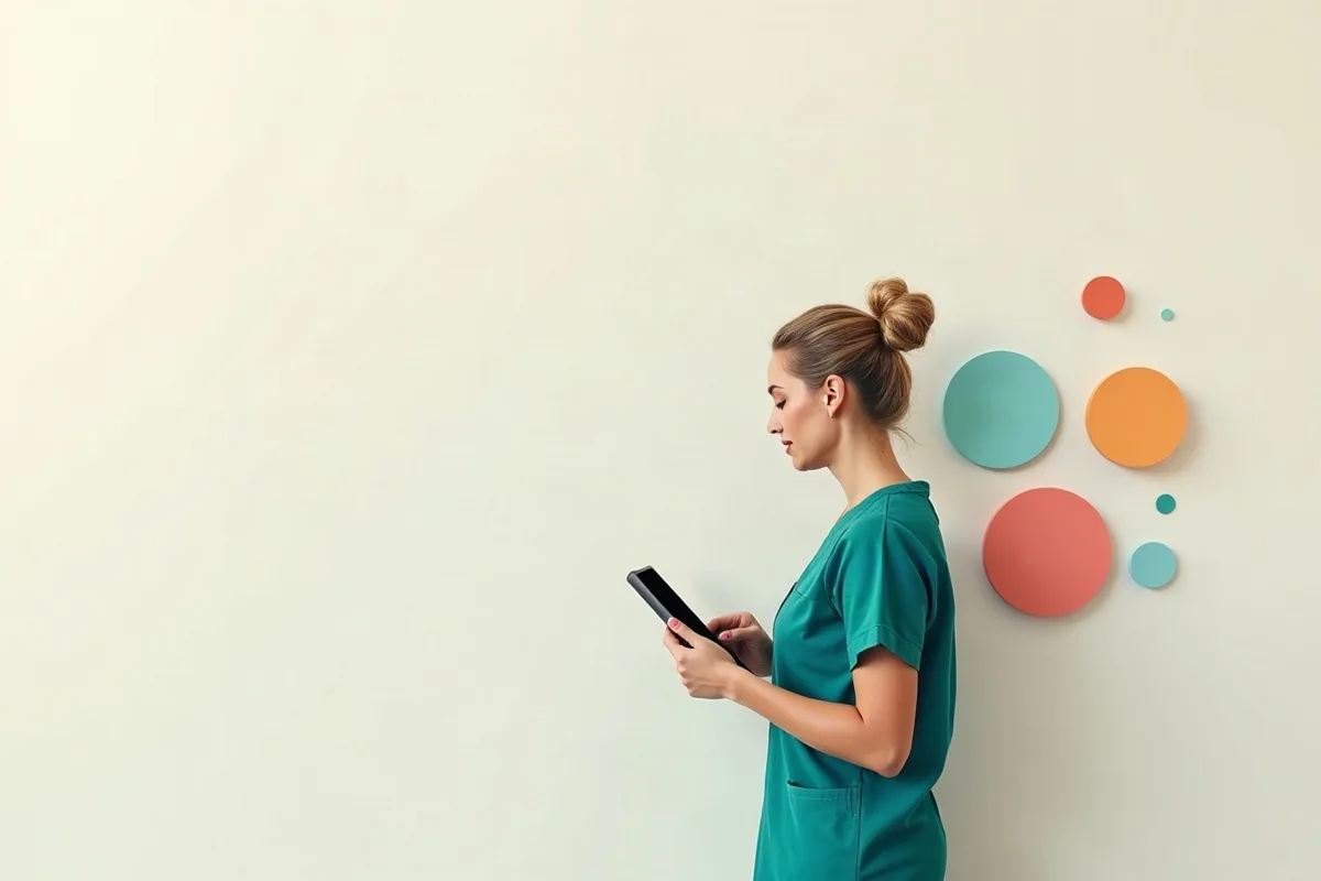 Editorial illustration of a nurse considering information on a tablet, with abstract shapes.