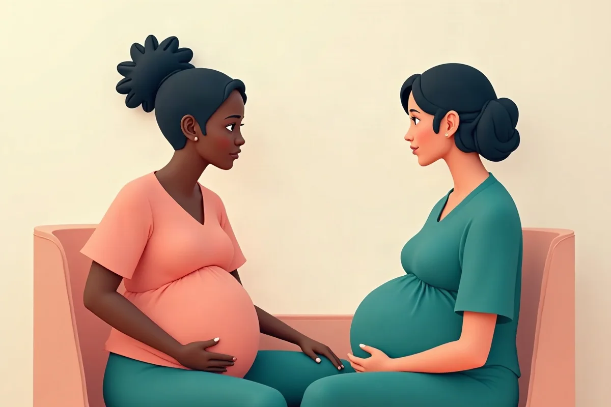 Illustration of two pregnant adults talking in a calm care setting.